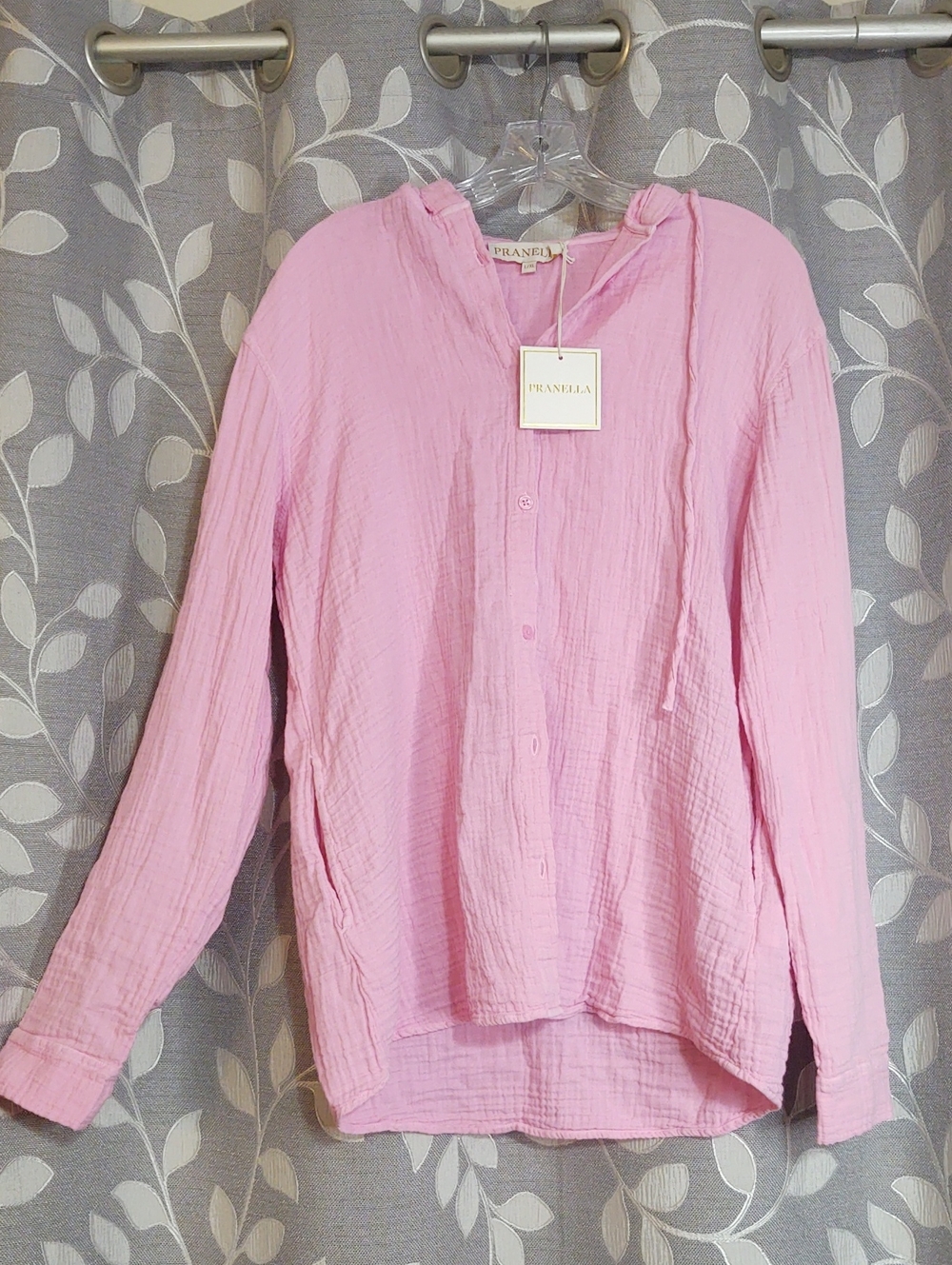 Pranella Lightweight Cotton Pink Women's Button-Front Hoodie Shirt size L/XL